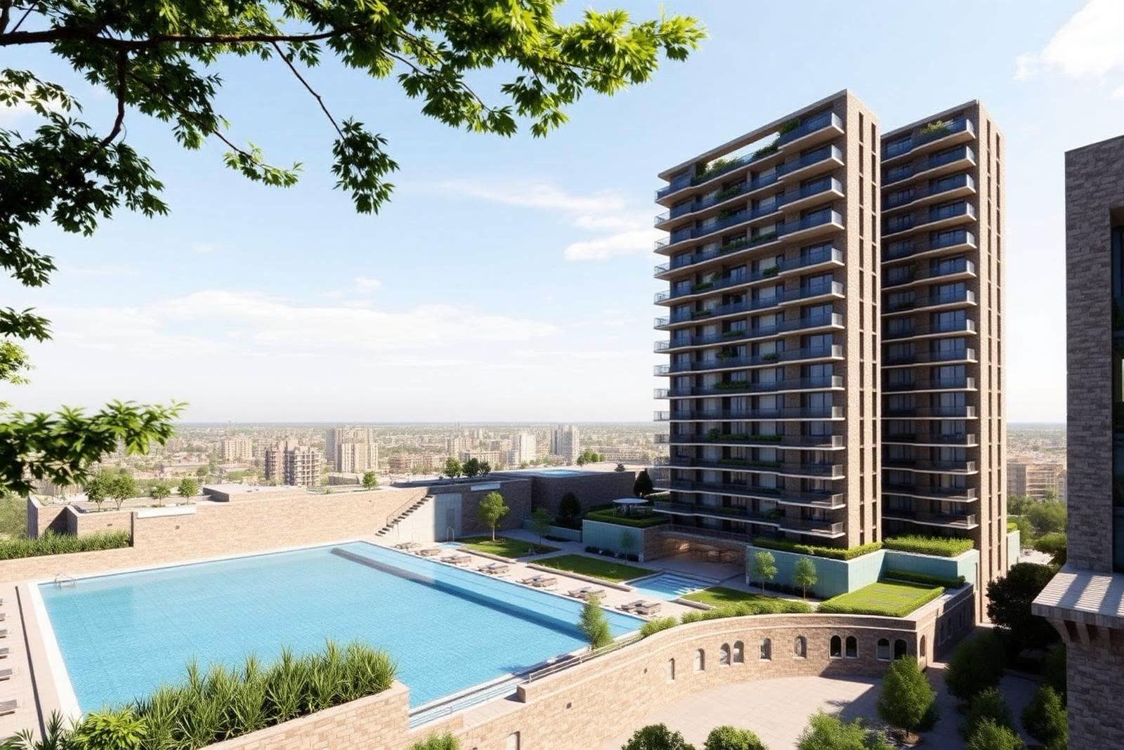 Contemporary Winstone residential development with landscaped pool and Dhaka skyline